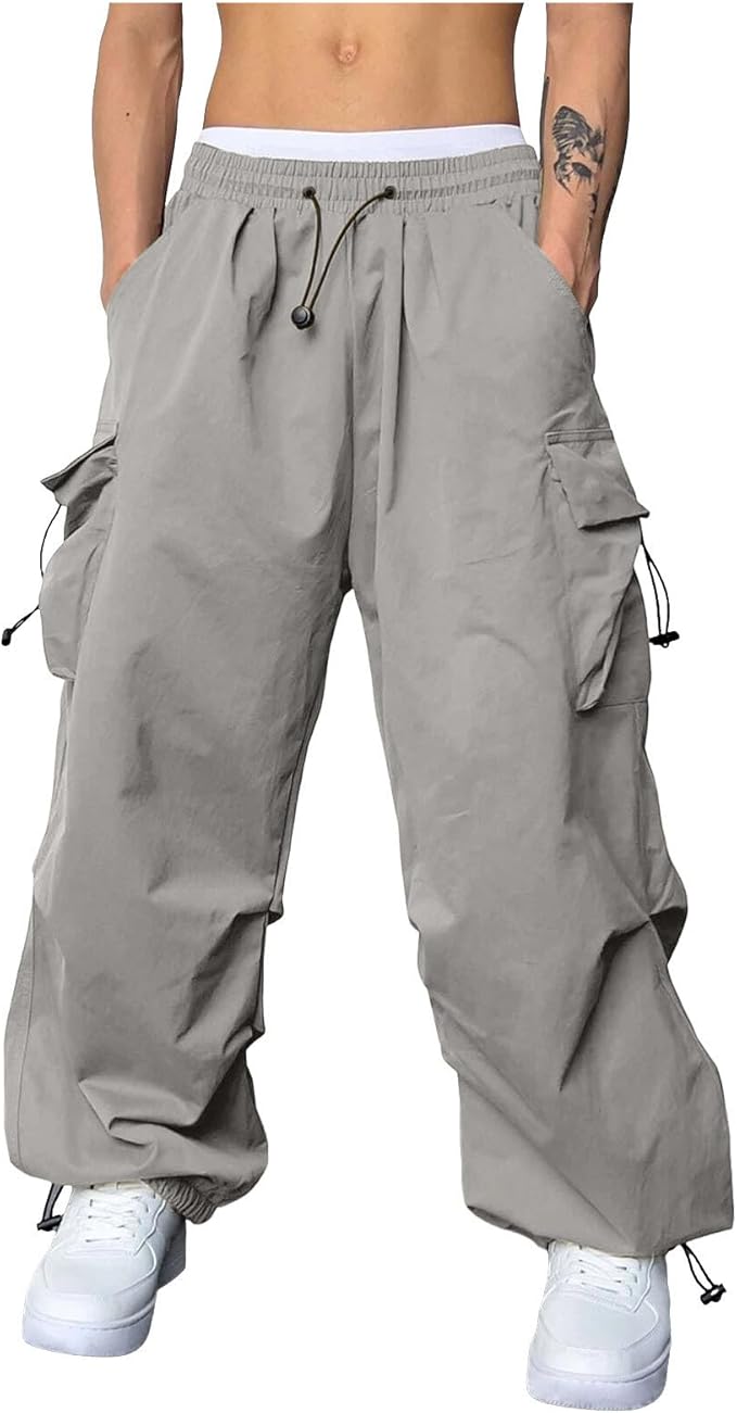 Men's Baggy Cargo Pants Y2K Drawstring Waist Trendy Casual Parachute Pants Athletic Loose Fit Joggers Trousers with Pockets