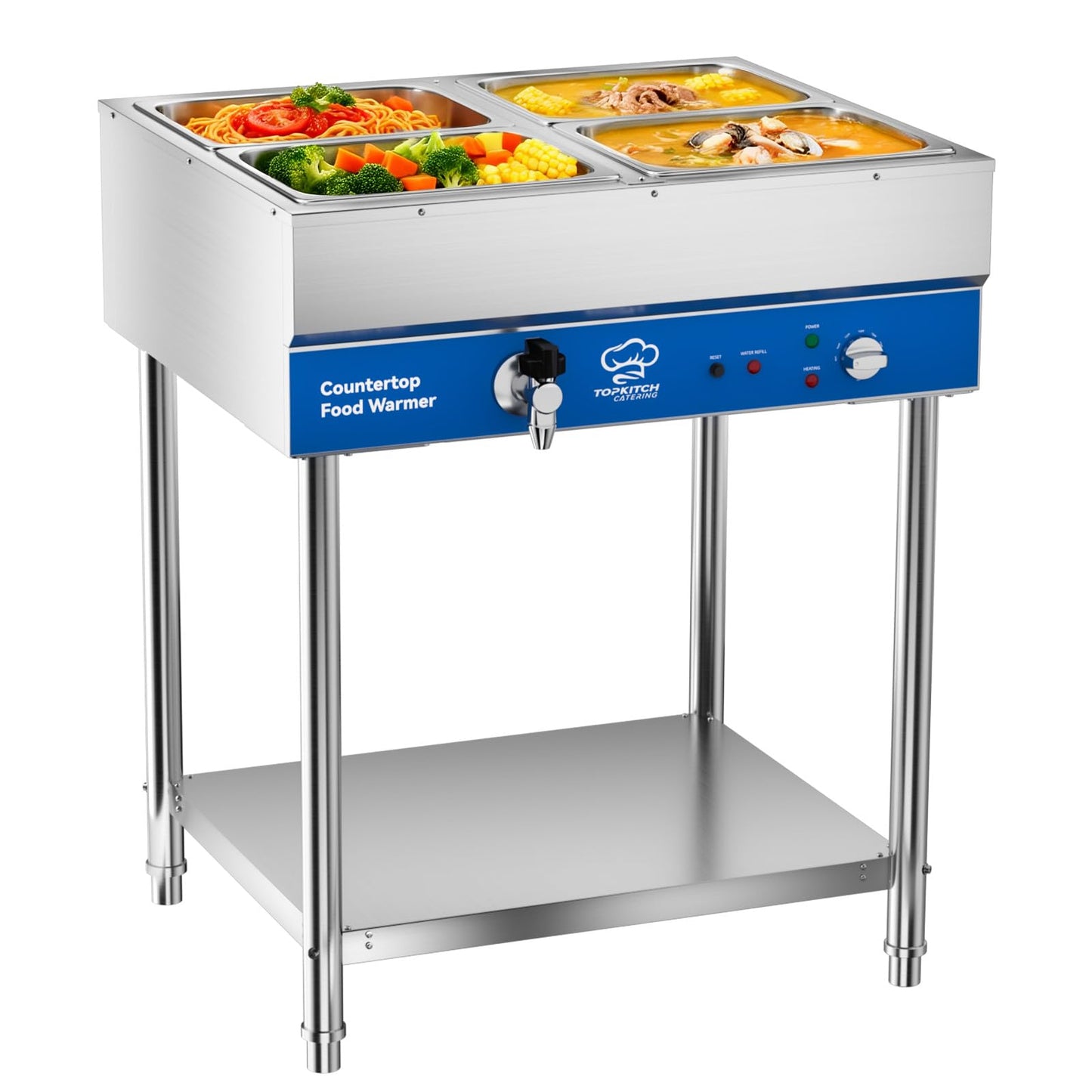 TOPKITCH 4-Pan Commercial Food Warmer, Electric Steam Table, 120V 1700W Stainless Steel Buffet Catering Food Warmer with Undershelf and Workspace, for Restaurant.