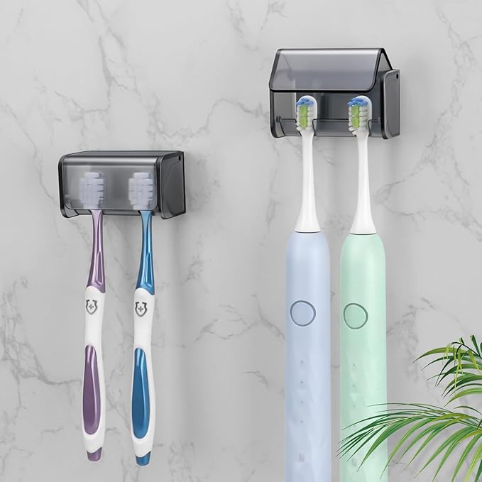 2 PCS Toothbrush Holders Wall Mounted with Cover, Electric Tooth Brushing Holder for Bathroom, 2 Slots Self Adhesive Toothbrush Organizer for Family, Kids (2, Transparent Black)