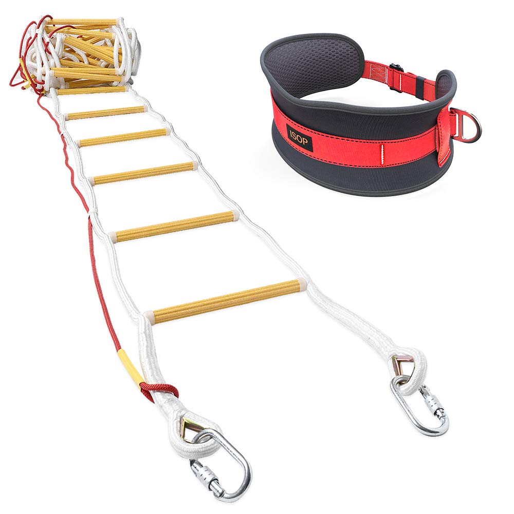 ISOP Safety Rope Ladder 4 Story 32 ft Flame Resistant - Innovative Solution Ladder with Safety Cord & Safety Belt - Reusable Compact & Portable - Weight Capacity up to 2000 Pounds - Certified Ladders