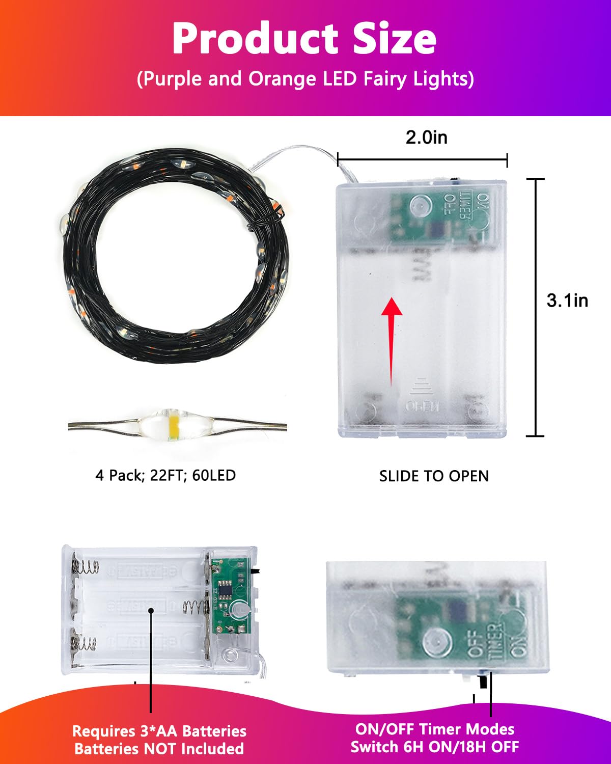 BOSSERN 4 Pack 60LED Fairy Lights, Battery Operated, Waterproof, 20FT, Black Wire, Halloween Decor, Purple & Orange