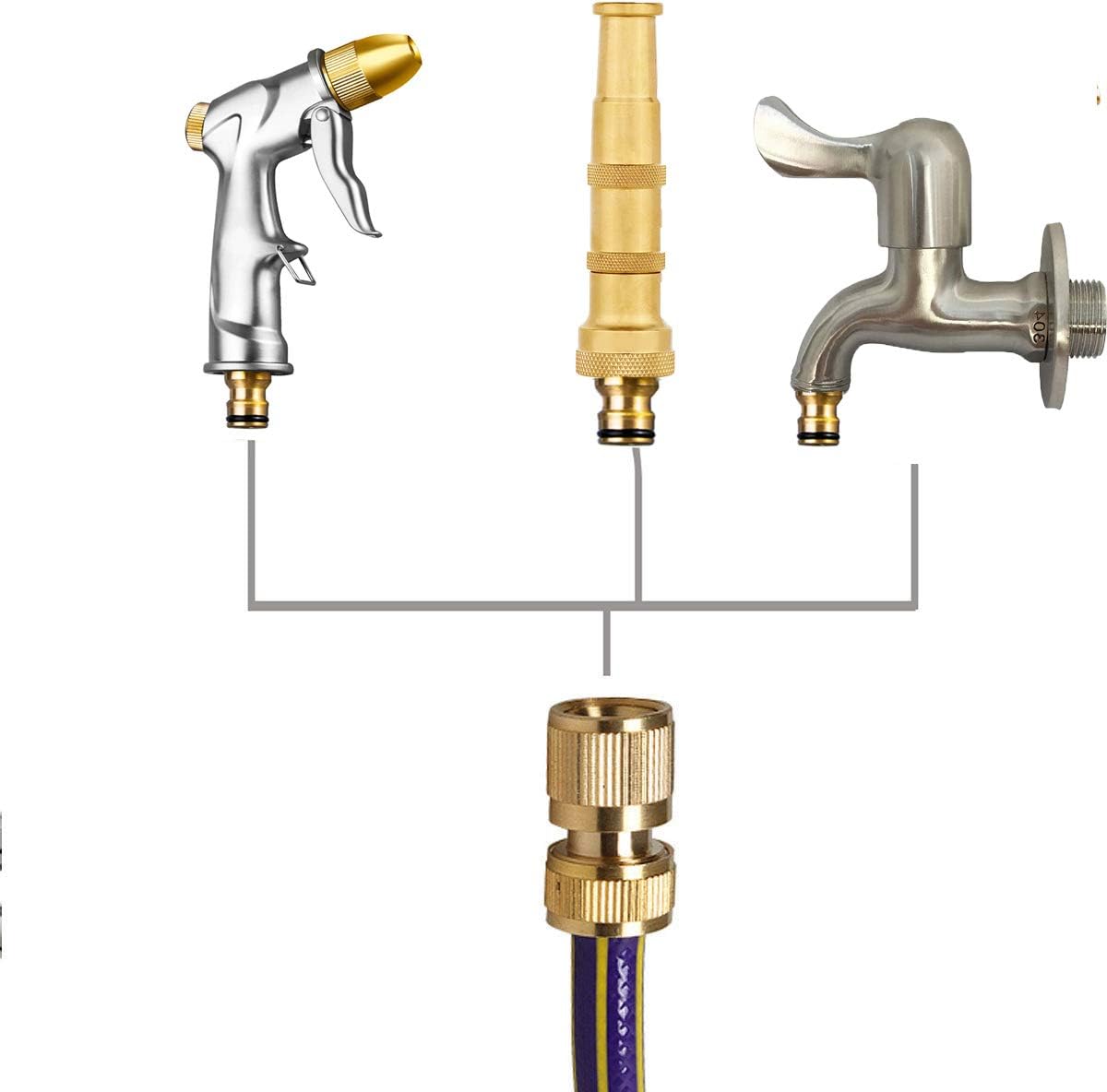 Garden Hose Quick Connectors, Solid Brass 3/4 inch GHT Thread Easy Connect Fittings No-Leak Water Hose Male Female Value Pack (5)
