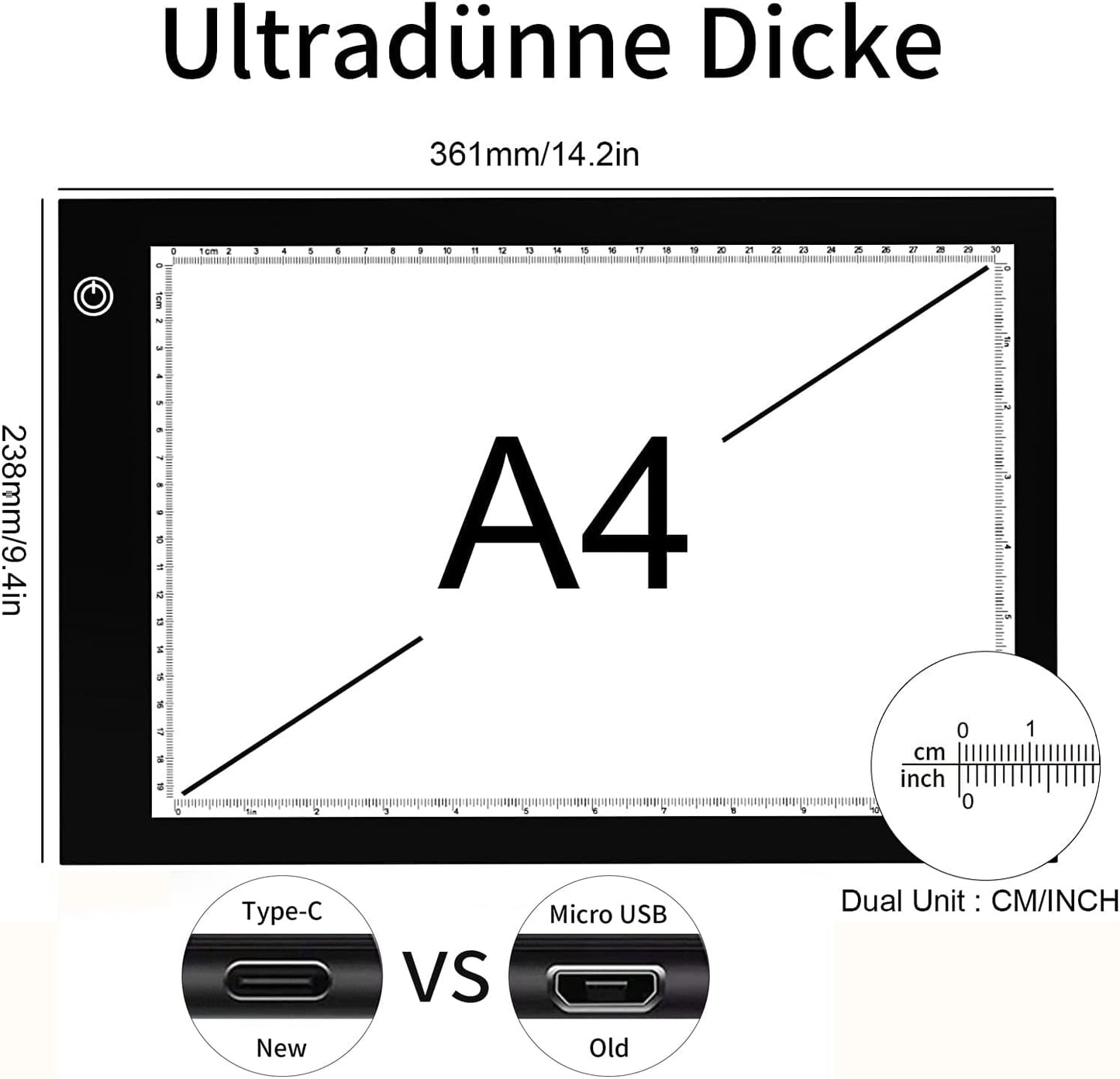 Light Box Drawing Pad, Tracing Board with Type-C Charge Cable and Brightness Adjustable for Artists, AnimationDrawing, Sketching, Animation, X-ray Viewing (DE-A4-P-black)