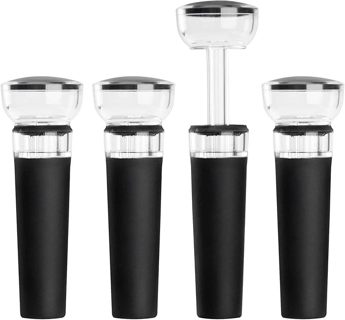 mafiti Set of 4 Wine Stoppers, Wine Bottle Stopper with Built-in Vacuum Wine Saver Pump Food-safe Silicone Caps, Keep Wine Fresh Up to a Week