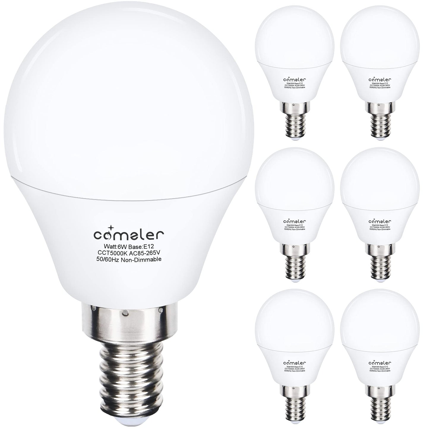 comzler Candelabra LED Bulbs - 60W Equivalent, 5000K Daylight White, E12 Base, 600lm, Non-Dimmable, Pack of 6