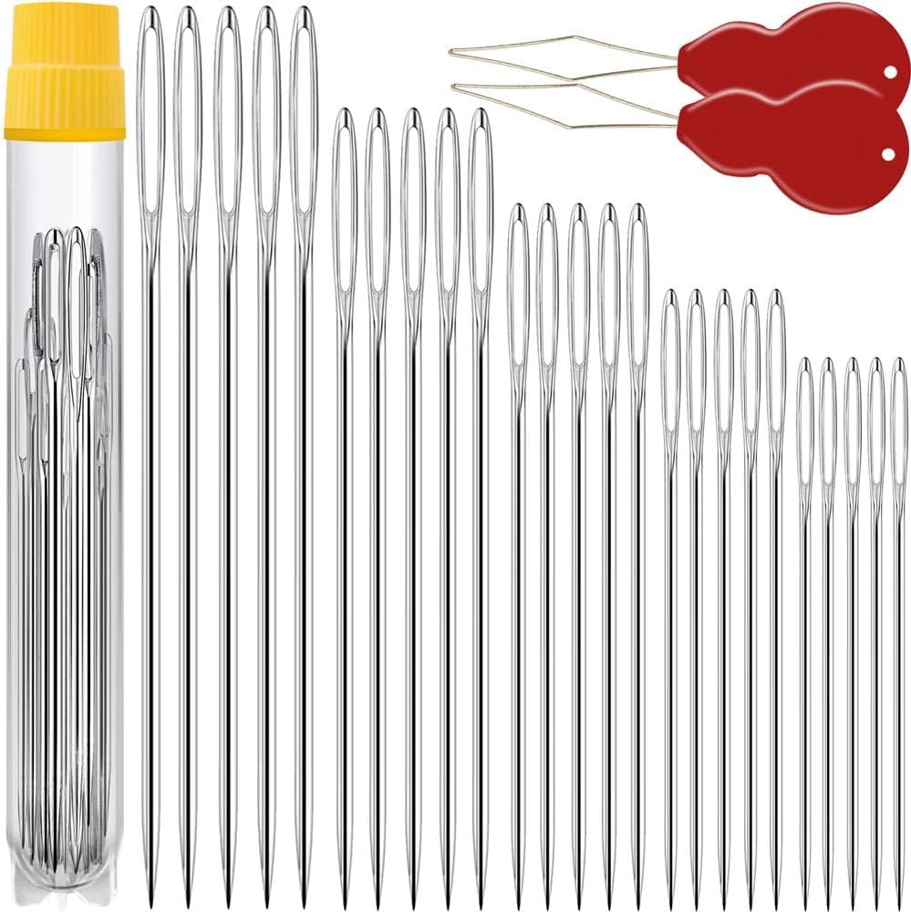 50 Pack Premium Large Eye Needles for Hand Sewing with Needle Threaders, Assorted Sizes, Embroidery Needles for Hand Sewing, Sewing Needles Large Eye, Big Eye Needle