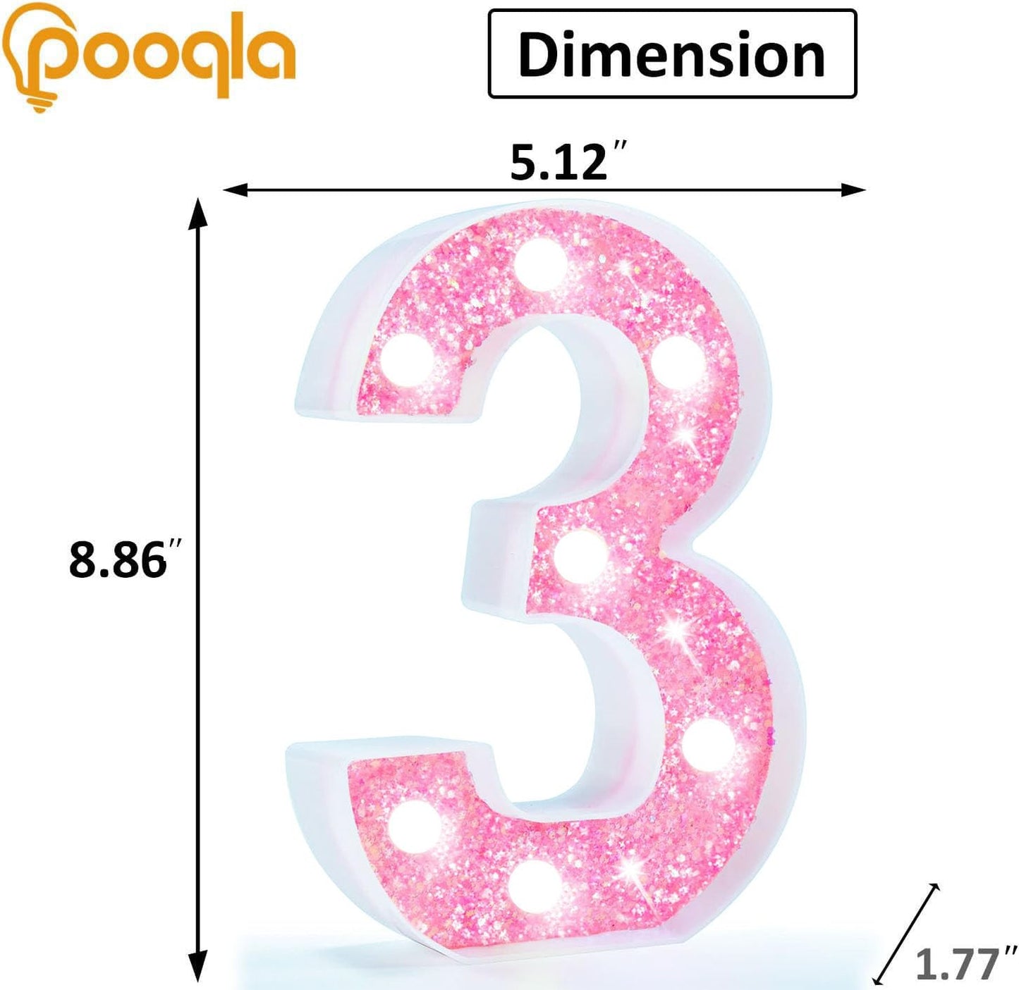 Pooqla Marquee Number Lights  Pink Light Up Numbers For Girls 3Rd 13Th Birthday  Battery Powered Glitter Number Night Light Gift For Christmas Bedroom Dorm Party Decoration  Cool White Number 3