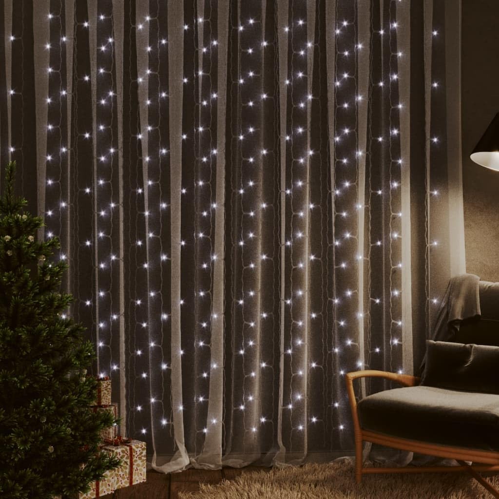 vidaXL LED Curtain Fairy Lights, 300 Cold White LEDs, 8 Lighting Modes, 9.8 x 9.8, Waterproof, USB Connection