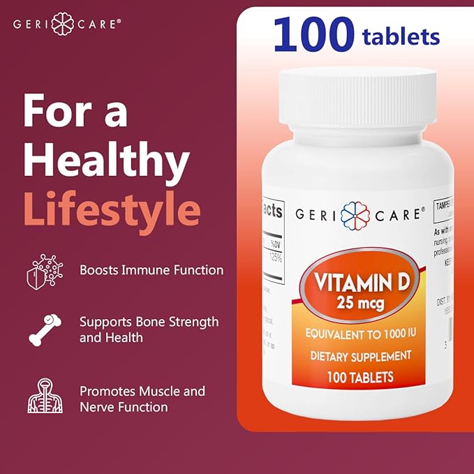 GeriCare Vitamin D 25mcg Tablets, Promotes Healthy Bones & Immune Support, Dietary Supplement, 100 Count (Pack of 2)