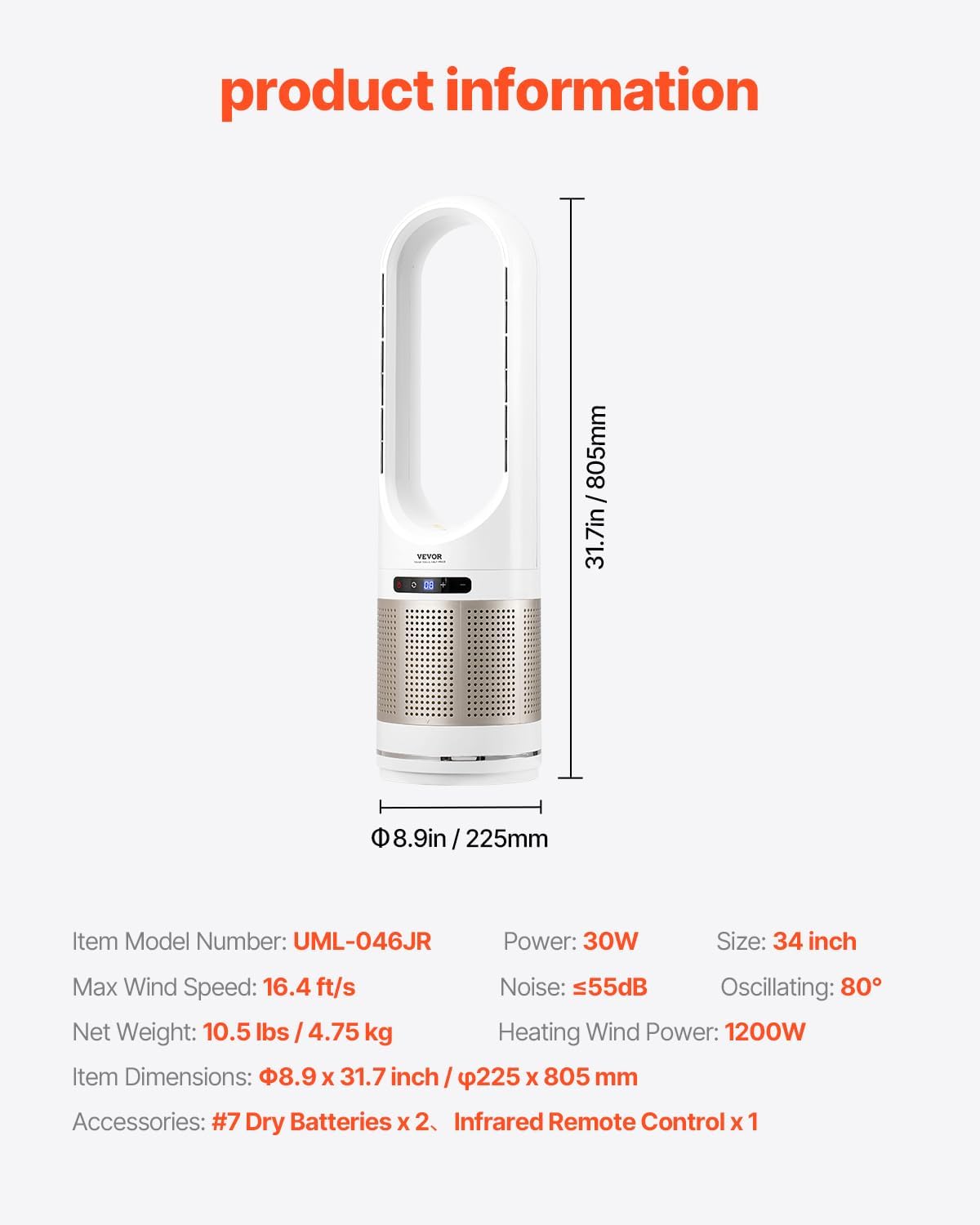 Vevor Tower Fan Bladeless, 16.4Ft/S Velocity Floor Fan That Blows Cold Air, 80 Oscillating 8-Speed Fans, 8H Timer, Standing Fans