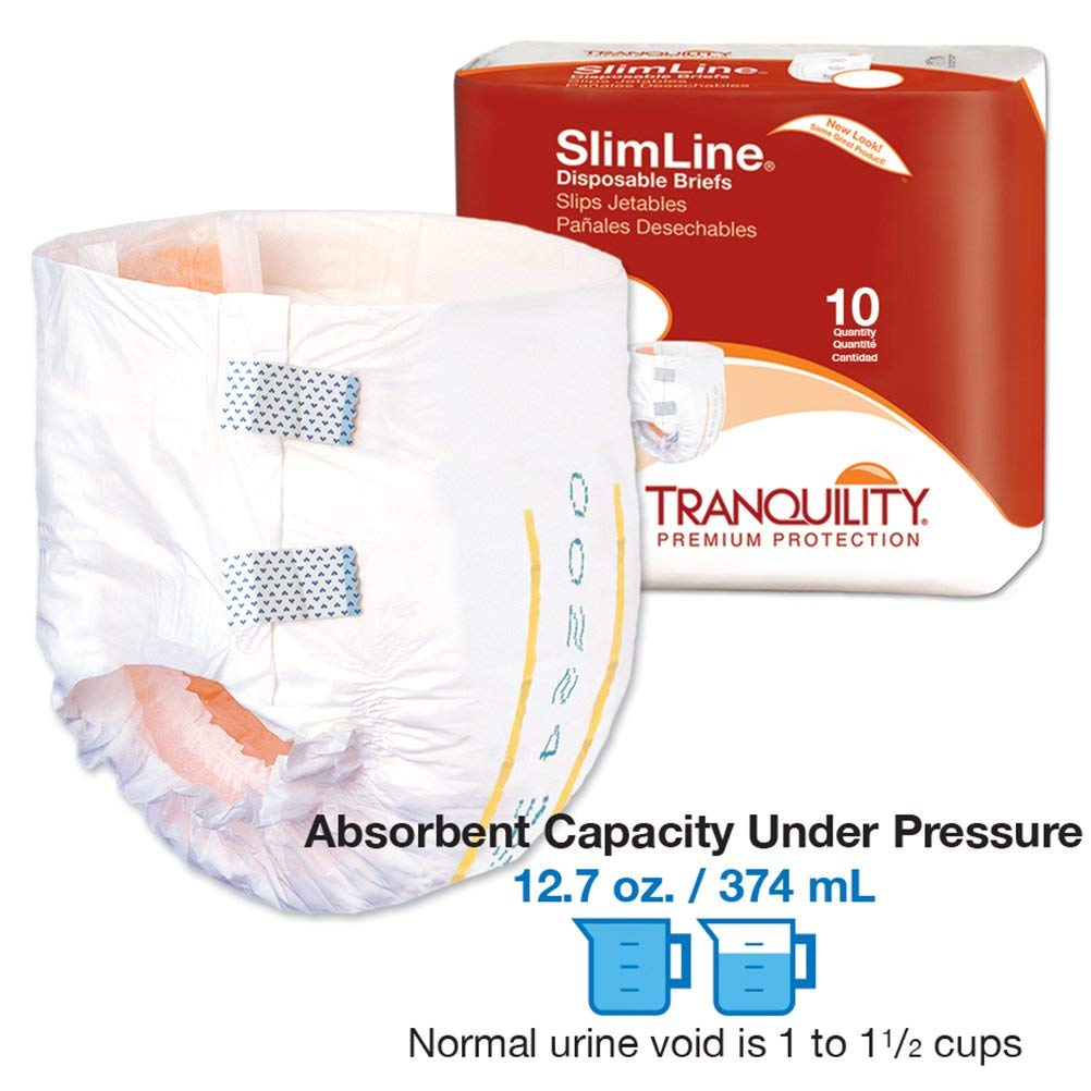 Tranquility Slimline Original Adult Disposable Brief, Adult Small, Incontinence Care with a Slimmer Fit, Peach Mat Core & Kufguard Technology for Max Comfort, Latex-Free, 12.7oz Capacity, 100ct Case