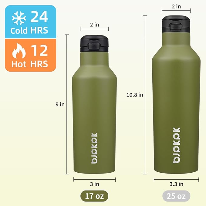 BJPKPK Insulated Water Bottle With Straw 17oz Stainless Steel Water Bottles With 2 Lids And Carry Handle Reusable Travel Metal Thermal Flask,Olive Green