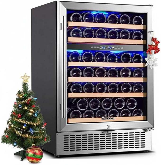 AAOBOSI 24 Inch 51 Bottles Wine Fridge, 41-64.4°F Dual Zone Wine Cooler, 6 Adjustable Shelves，Visualized Temperature Regulation，Temperature Memory Function，Double-Layer Glass Door