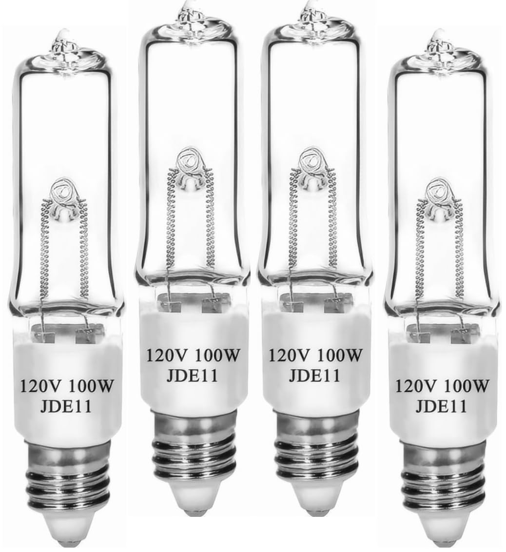 Lachesan Jde11 120V 100W T4 Mini Candelabra Base(Replacement E11 Led Bulb) 2700K Clear Dimmable Jd E11 Halogen Light Bulbs For Chandeliers  Ceiling Fan  Table Lamps  Cabinet Lighting  4 Pack