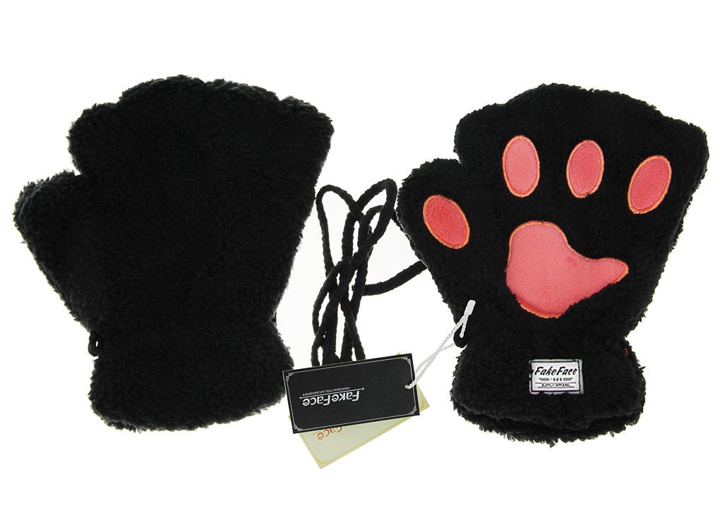 FakeFace Cute Cat Kitten Paw Fingerless Faux Fur Plush Gloves For Girls Women, Black, Small