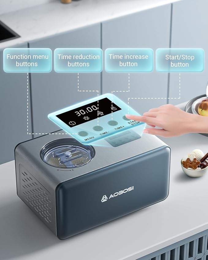 AAOBOSI Electric Ice Cream Maker with Compressor, Ice Cream Maker Machine No Pre Freezing, Ice Cream Machines for Home, Small Homemade Gelato Maker with 4 Modes, 1.6 Quart