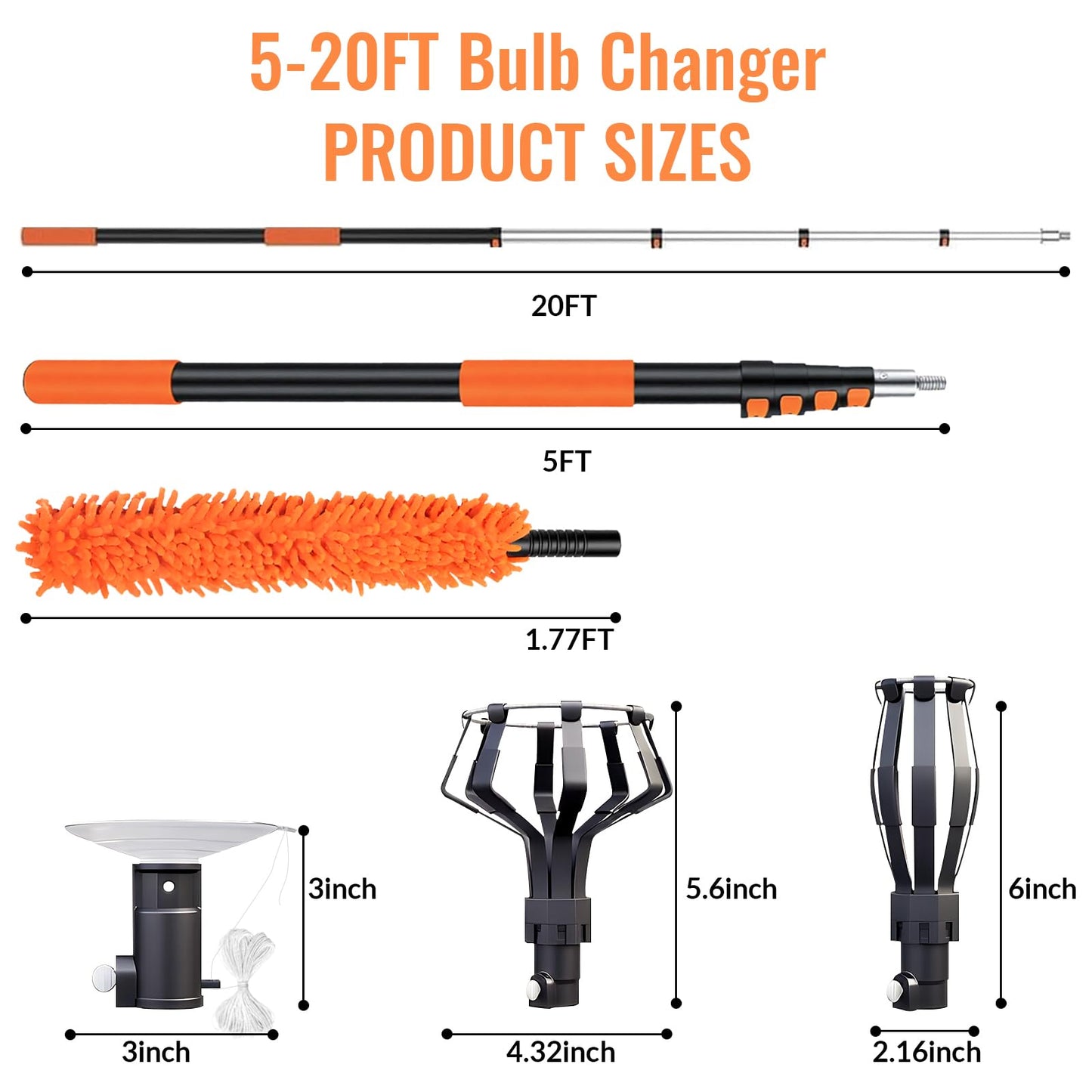 PMMJ Light Bulb Changer for High Ceilings with 26FT Reach, Telescopic Extension Pole for High Ceilings and Recessed Lights (5-20FT) with Baskets, Suction Cup and Duster
