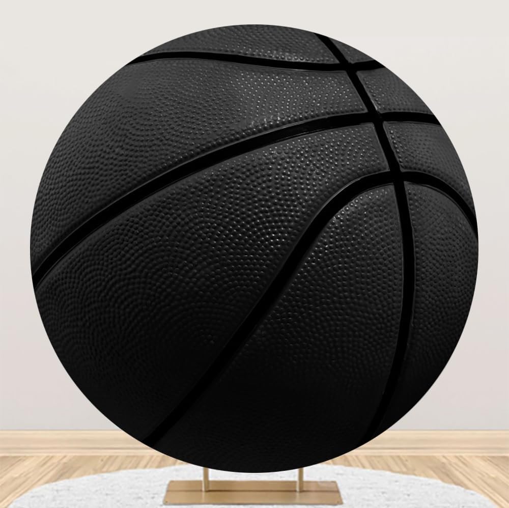 Leyiyi 6.5x6.5ft Basketball Round Backdrop Cover - Black Basketball Match Sports Theme Circle Photography Background for Boys Baby Shower Newborn Gender Reveal Party Decor