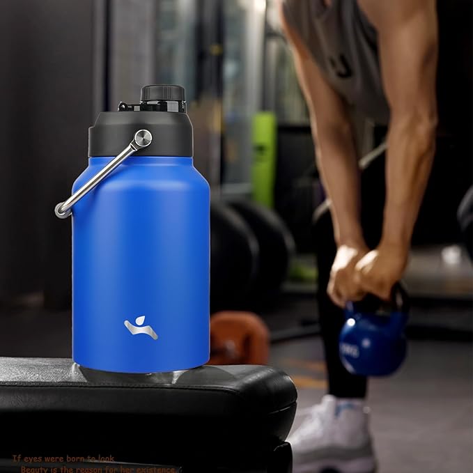 Half Gallon Jug with Handle,64 oz Insulated Water Bottle with Carrying Pouch,Double Wall Vacuum Stainless Steel Metal Bottle,Blue