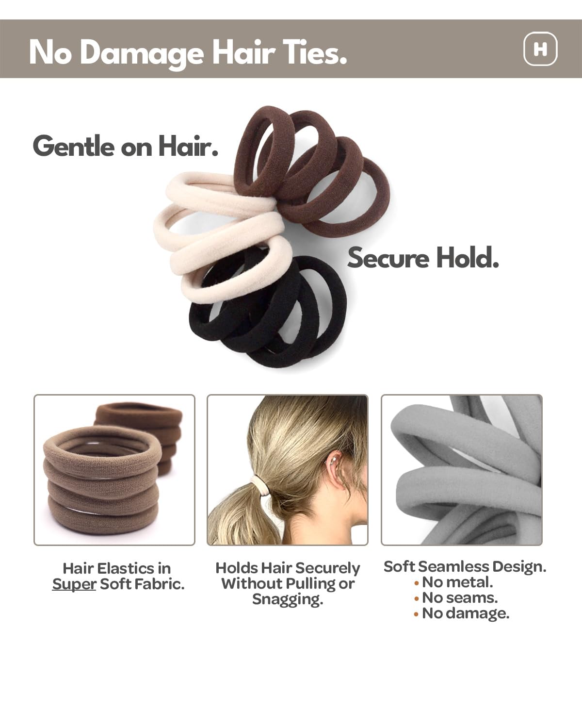 Cyndibands Seamless Hair Ties - Gray - Gentle Hair Ties No Damage, Standard Size 1.5 Inch, Soft and Stretchy Nylon Fabric Ponyta