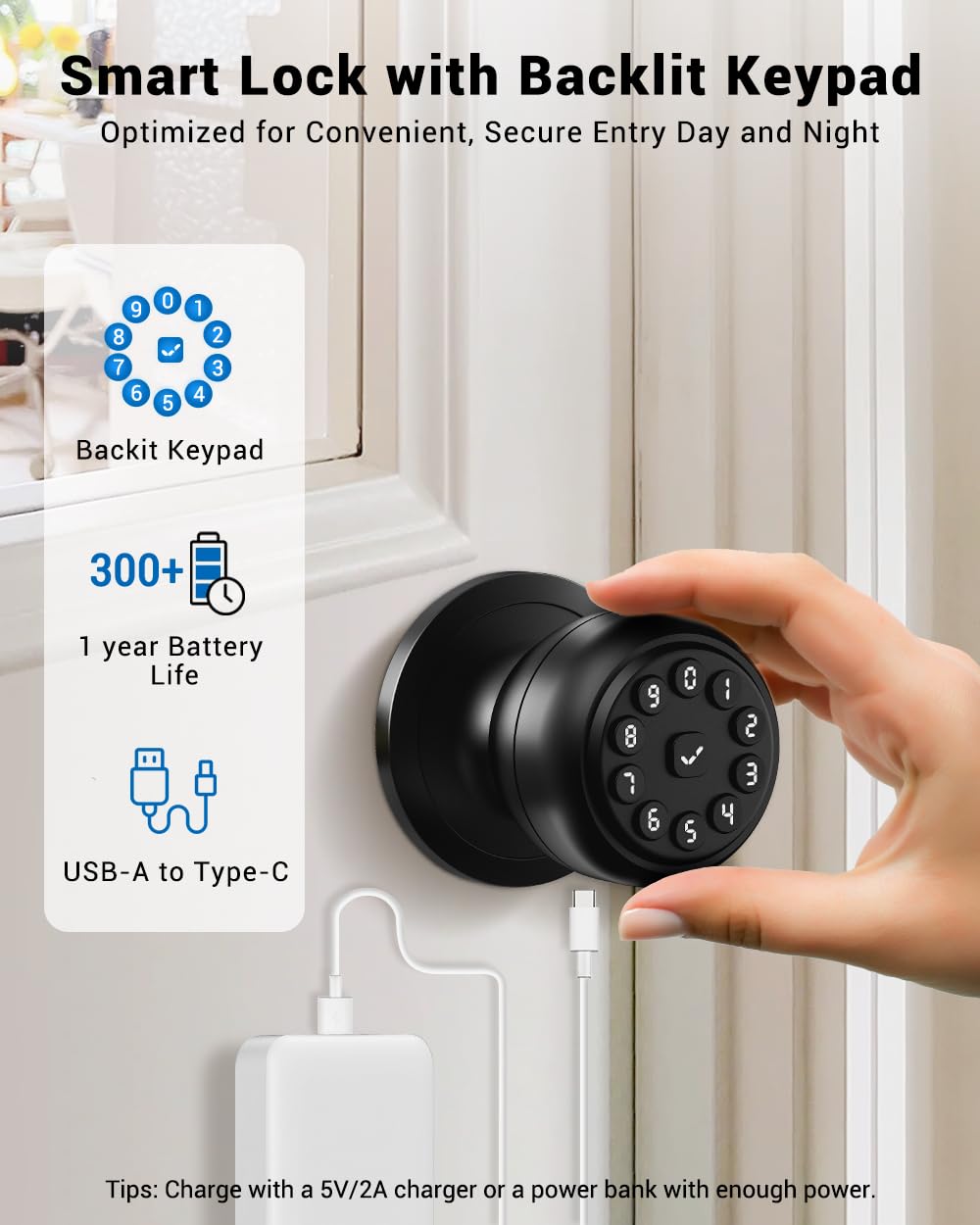 WREO Keypad Smart Door Knob Lock, Keyless Entry Door Lock with Handle - Auto Lock for Front Door - Electrionic Code Door Lock for Bedrooms, Home Office, Garage, Apartment - Easy Installation