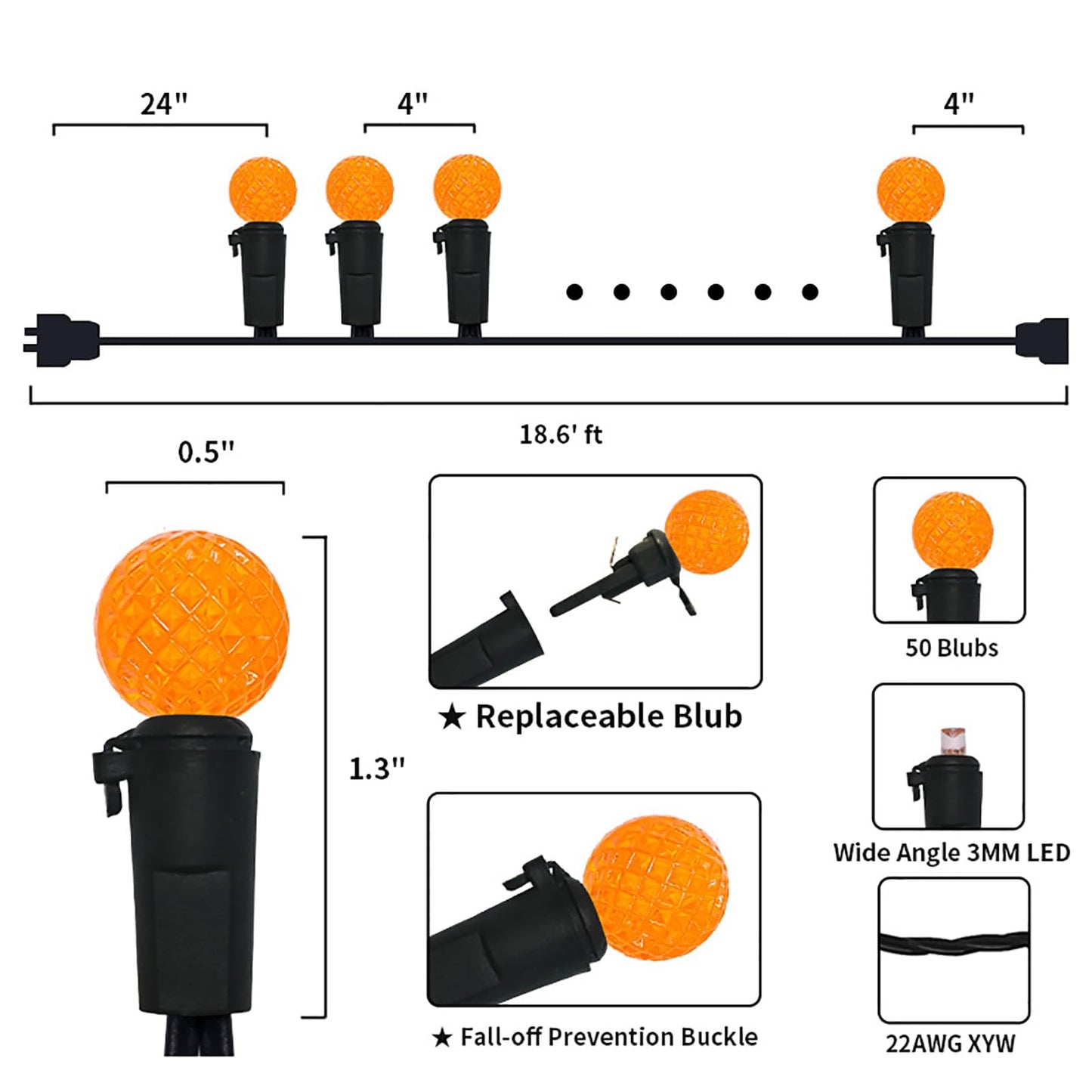18.6Ft 50 Led Orange Halloween Lights G12 Mini Globe Ball String Lights For Small Tree Crafts Holiday Indoor/Outdoor Christmas Thanksgiving Day Halloween Decorations  Ul Certified  Connectable  Orange