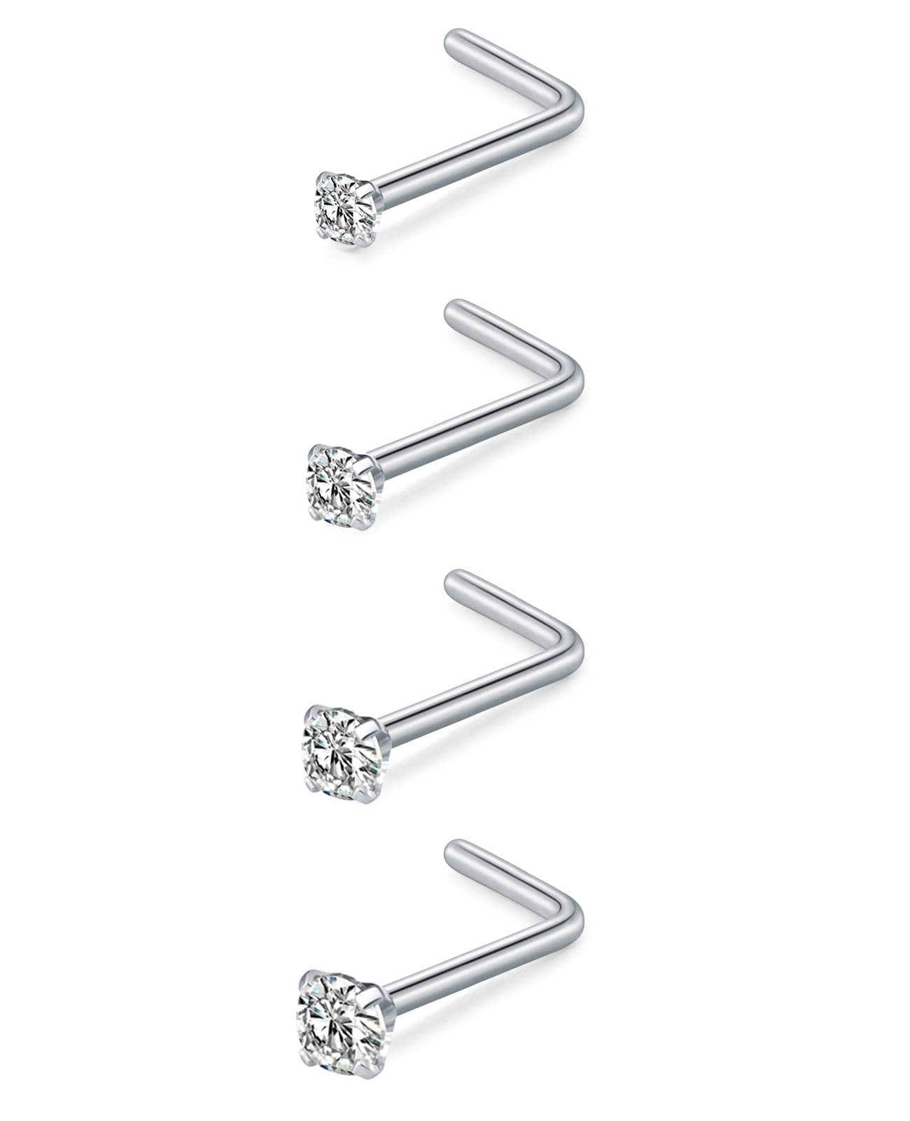 MODRSA Nose Studs, 18g L Shaped Stainless Steel Nose Rings, 4pcs Nostril Piercing Stud Set with Cubic Zirconia, Hypoallergenic N