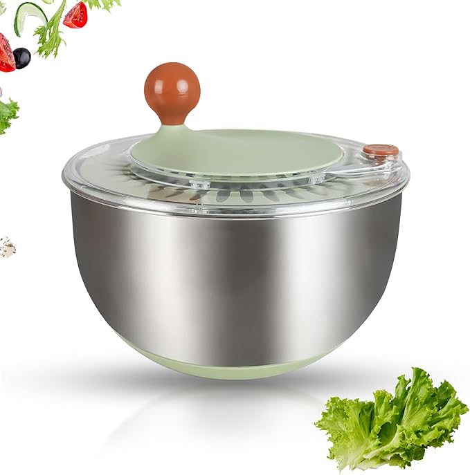 Stainless Steel Salad Spinner 5 Qt, Vegetable & Fruit Washing Bowl with Strainer, ABS & Stainless Steel, lettuce Dryer with Double Drain Holes, Quick Spin for Greens, Easy Grip, Non-Slip Base