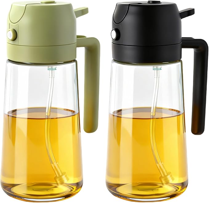 2Pack Glass Oil Sprayer for Cooking 16oz/470ml, Kitchen Gadget for Air Fryer, Salad, BBQ, Frying（Black+Green）