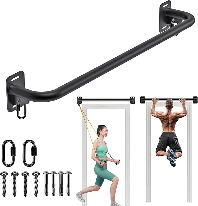 Pull Up Bar Wall Mount 440 LBS Capacity Doorway Chin Up Bar Multifunctional Steel Chinup Bar with with Resistance Band Hoo...