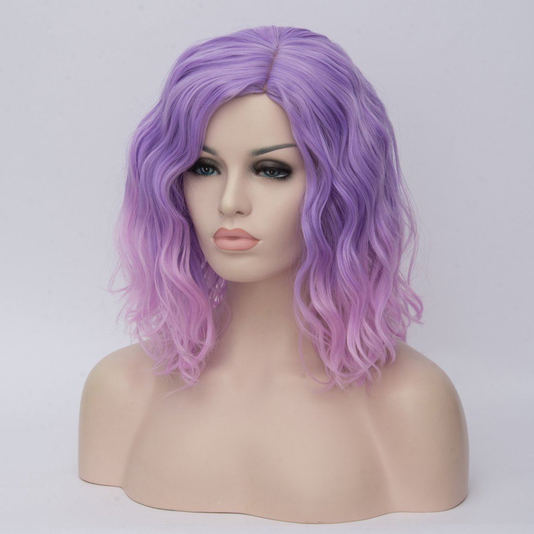 BUFASHION 14 Women Short Pink Purple Bob Wavy Glue Less Synthetic Hair Wig 46 Colors Available(Pink Purple)