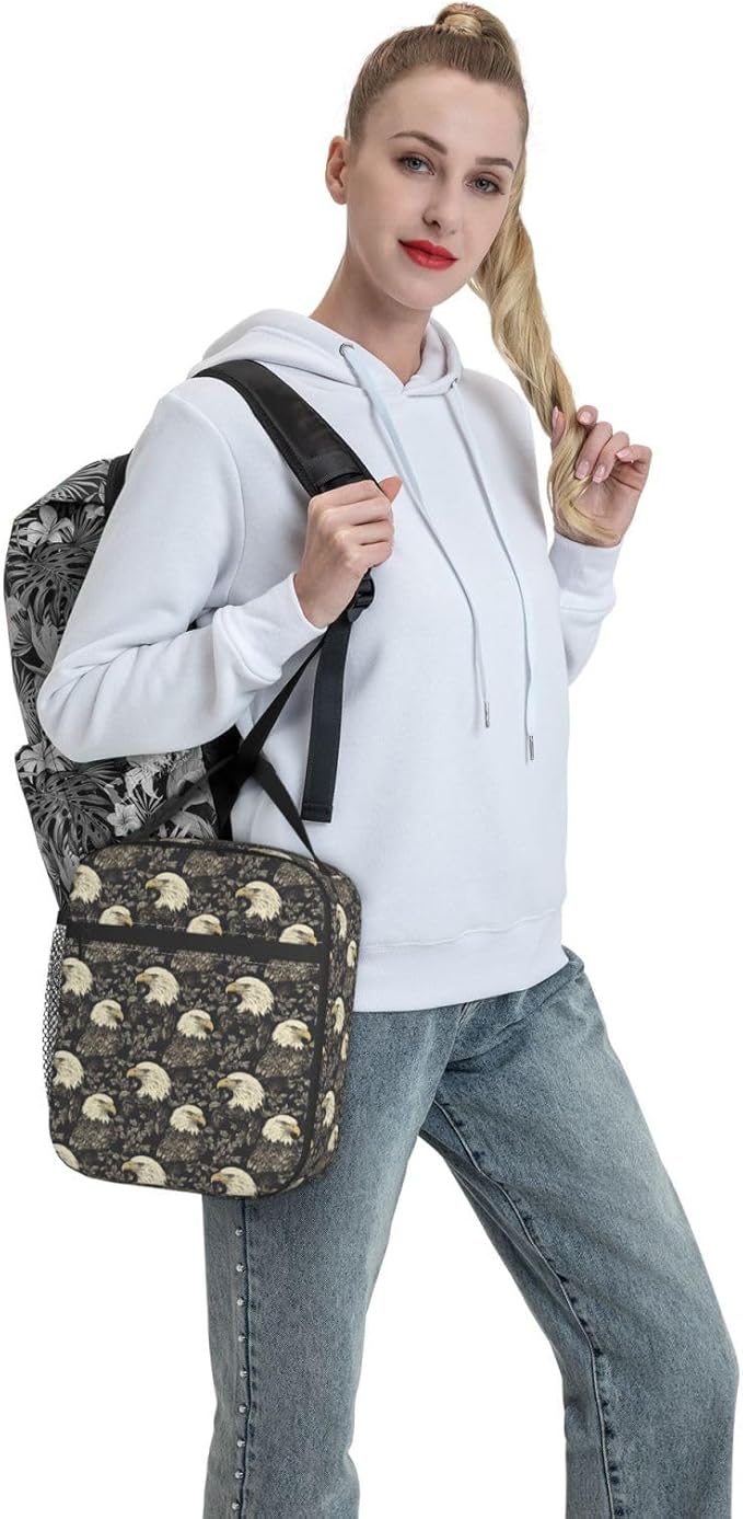 Vintage Eagle Lunch Box for Adults,Women,Men,Majestic Bird and Leaf Design Insulated Lunchbox,Leakproof Tote Bag,Reusable Cooler Bags for Work,Picnic,Office,Travel,Practical Lunchbag Gifts