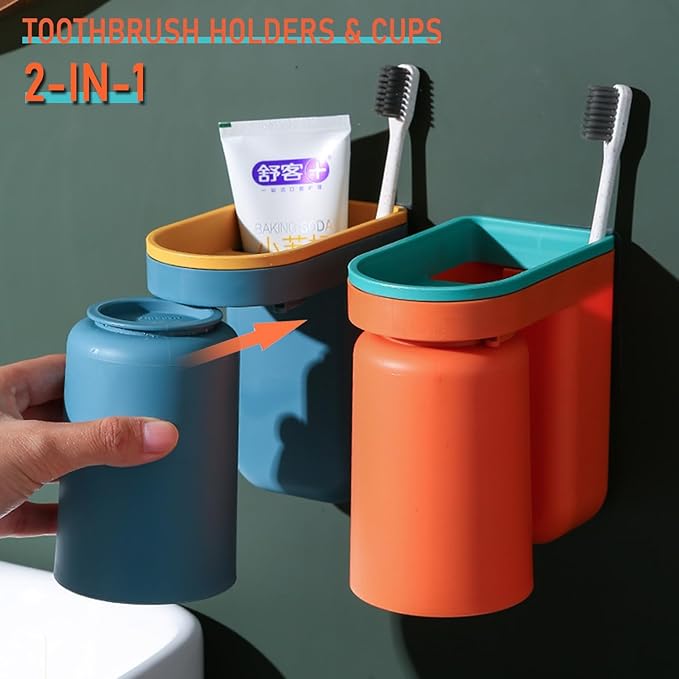 Toothbrush Holder Wall Mounted with Cup,2-in-1 Toothbrush Holders & Cups Set,Inverted Design for Easy Cleaning and draining,Stick-on Toothbrush Holder for Bathroom (Blue+Orange)