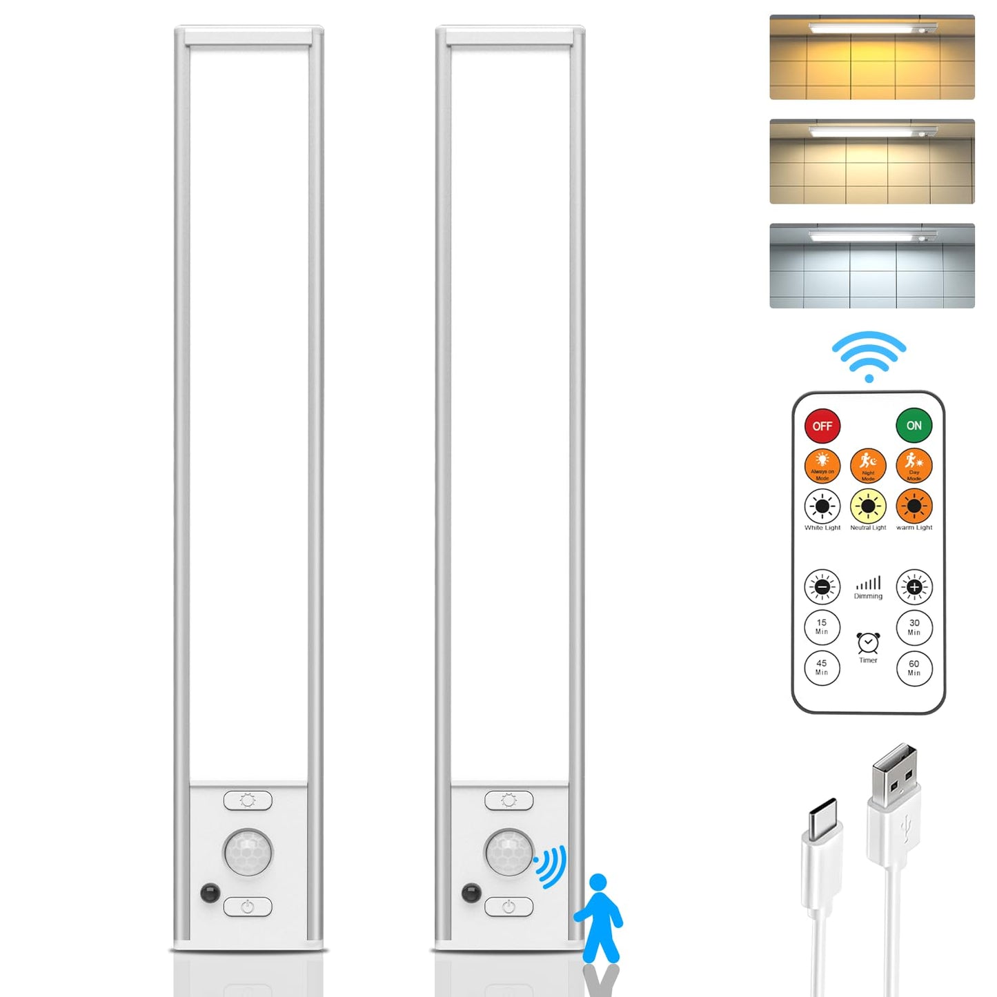 Flysein Under Cabinet Lights, Wireless Motion Sensor, 2 Pack, LED Rechargeable, 8.9 Inch, White, Model QYD-CGD-001