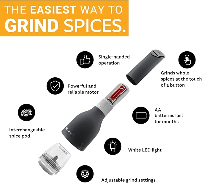 FinaMill Classic Battery Spice Mill – Battery Operated Salt and Pepper Grinder Set, Includes 2 Interchangeable Spice Pods, Adjustable Coarseness, Ceramic Grinder, LED Light, Kitchen Gifts for Women