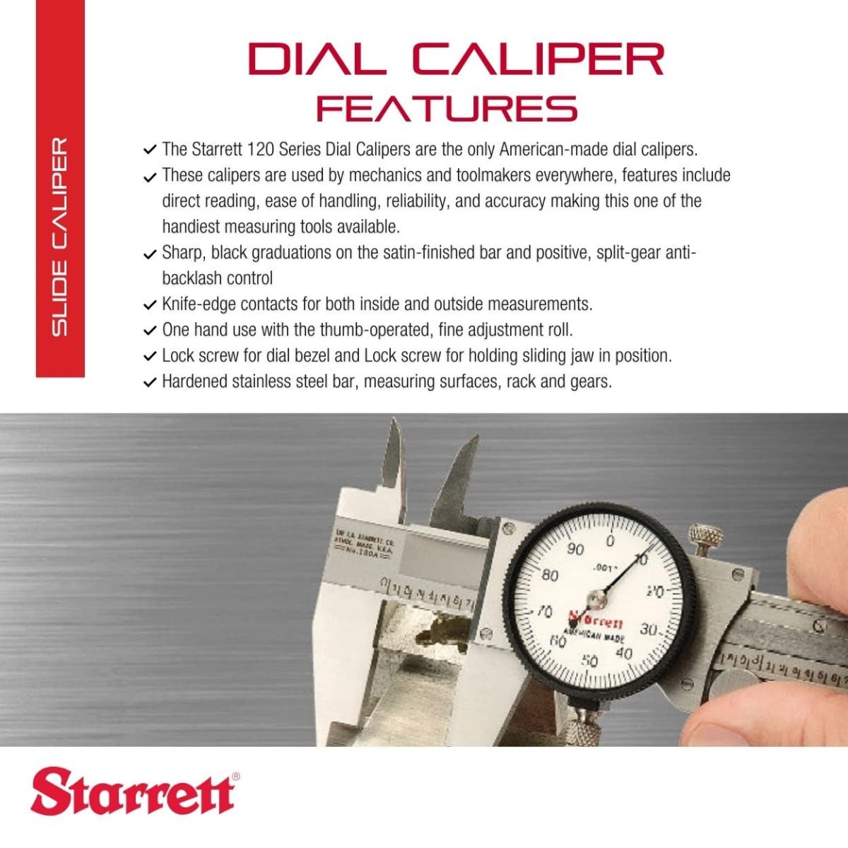 Starrett 120 Series Dial Slide Caliper for Accurate Measurement Without Case - White Face, 0-12" Range, -0.001" Accuracy, .001" Graduation - 120-12