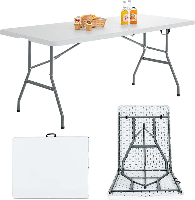 Goplus 6ft Folding Table, Indoor Outdoor Foldable Plastic Folding Tables, Heavy-Duty Rectangular Fold Up Table w/Handle, P...