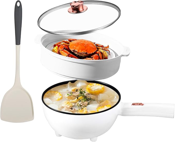 Hot Pot Electric with Steamer, 3L Non-Stick Sauté Pan, Rapid Noodles Cooker with Spatula, Mini Pot for Steak, Egg, Ramen, Electric Cooker with Dual Power Control, Over-Heating Boil Dry Protection