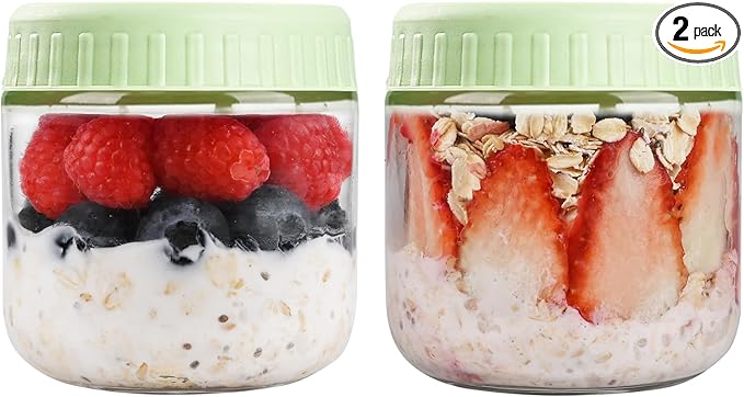 Overnight Oats Containers with Lids, 10oz Glass Jars with Lids 2 pcs, Light Green, Wide Mouth Mason jars for Salad, Yogurt, Snacks, Meal Prep