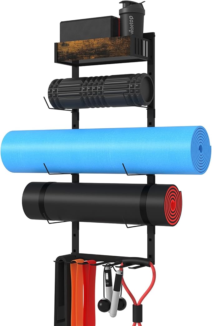 Yoga Mat Holder Wall Mount - Tool-Free Adjustable Yoga Mat Rack Shelf with 6 Rods & Basket, All-in-One Foam Roller Holder ...