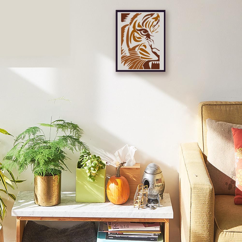 FINGERINSPIRE Peek at Tiger Stencil with a Paint Brush 11.7x8.3Inch Abstract Tiger Face Painting Stencil Reusable PET Animal Themes Decoration Template for Painting on Wood Wall Floor Furniture