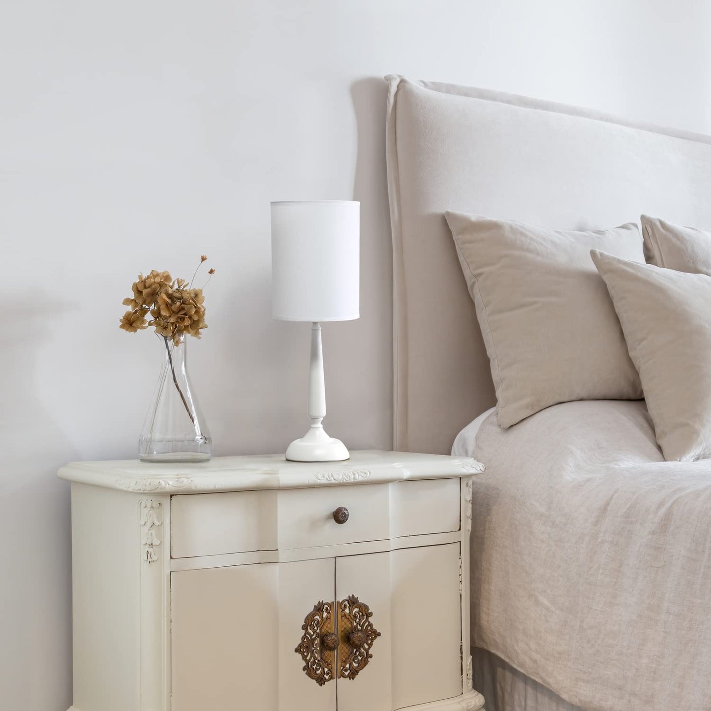 Simple Designs Table Lamp, Traditional Candlestick Style, Metal Iron, White Drum Shade, 8inL x 8inW x 22.75inH, Model LT2075-WHT