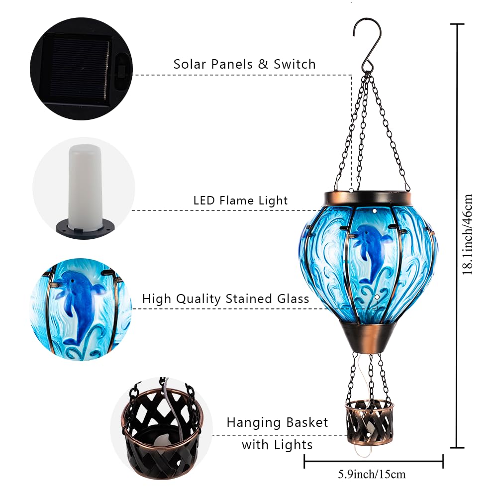 Yelenew Blue Dolphin Hot Air Balloon Solar Lantern With Flame Flickering Light Led Glass Hanging Solar Lanterns Outdoor Waterproof Hot Air Balloon Decor For Patio Yard Garden Mother Day Gift For Women