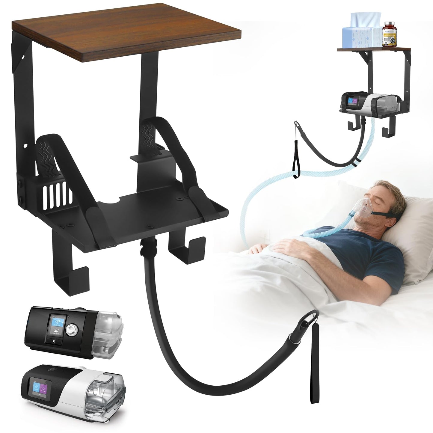 Upgraded CPAP Shelf Wall Mount, 2-Tier Organizer for ResMed AirSense 10 & 11 | with Adjustable CPAP Hose Holder & Mask Hook, Avoid Hose Entanglement | Bedside CPAP Stand to Reclaim Your Nightstand