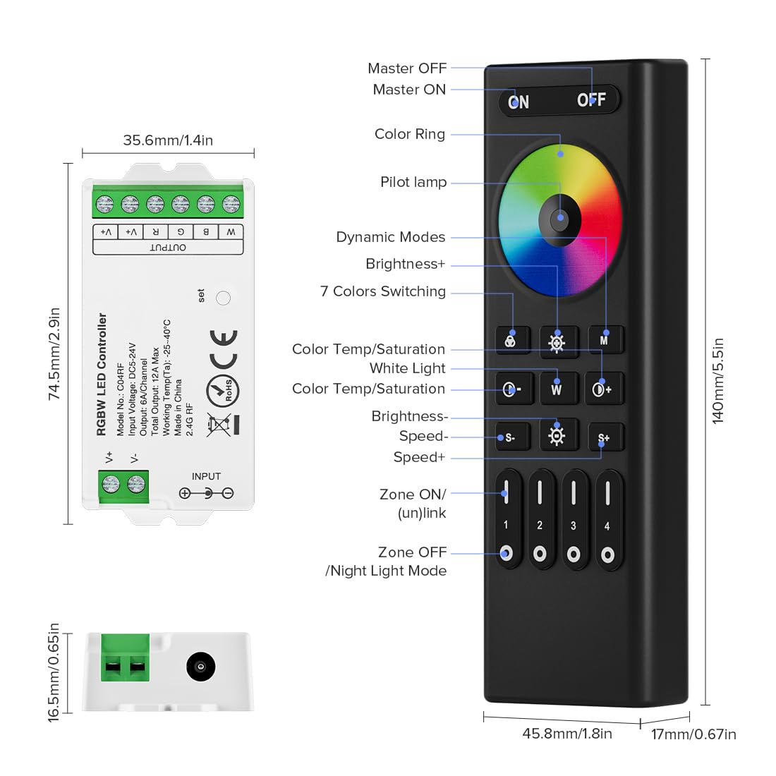 SEZO RGBW LED Controller Kit with 4-Zone Wireless Remote Control, Model RC03RFB+C04RF, for 5050 FCOB Strips