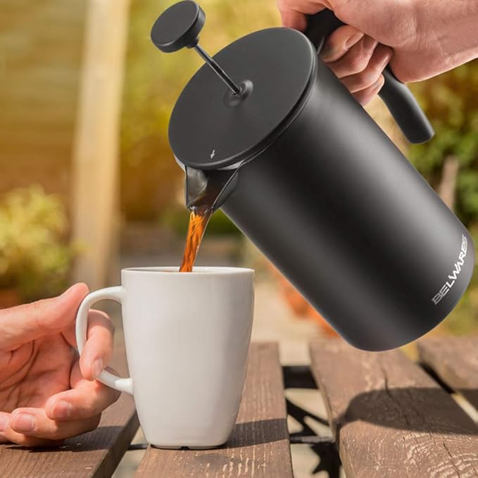 French Press Coffee Maker 34 Oz - Insulated Coffee Press Stainless Steel 304 - Double Wall & 4 Level Filtration System (1 Liter) - Black