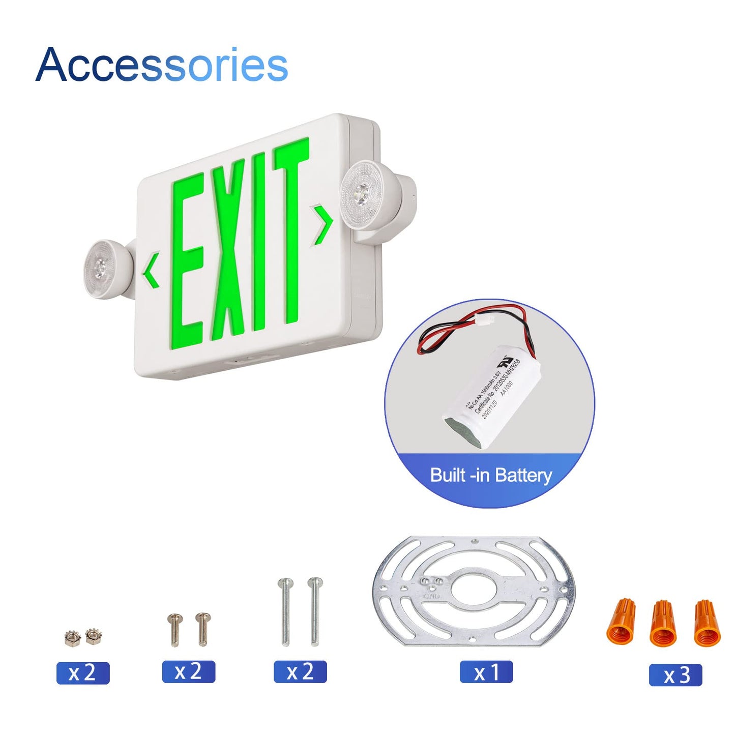 Tanlux Led Emergency Exit Sign With Battery Backup, Ul Listed, 2 Pack, White Housing + Green Letter, Ac 120/277V