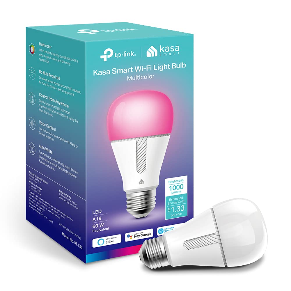 Kasa Smart Light Bulbs, 1000 Lumens High Brightness, 16M Color Changing, Dimmable Smart WiFi Light Bulb, Compatible with Alexa and Google Home, A19, 2.4GHz Wi-Fi only, No Hub Required, KL135