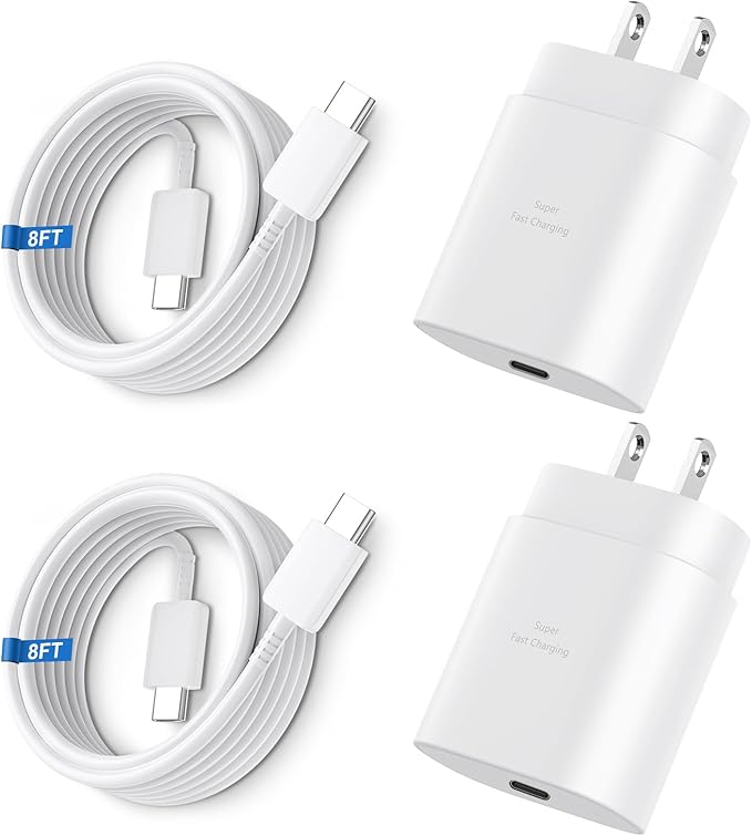 Super Fast Charger Type C, 25W USB C Wall Charger Fast Charging for Samsung Galaxy S25 Ultra/S25/S25+/S24+/S24 Ultra/S24/S24+/S23 Ultra/S22 Ultra/S21 Ultra with 8FT Long Type C Charger Cable 2Pack