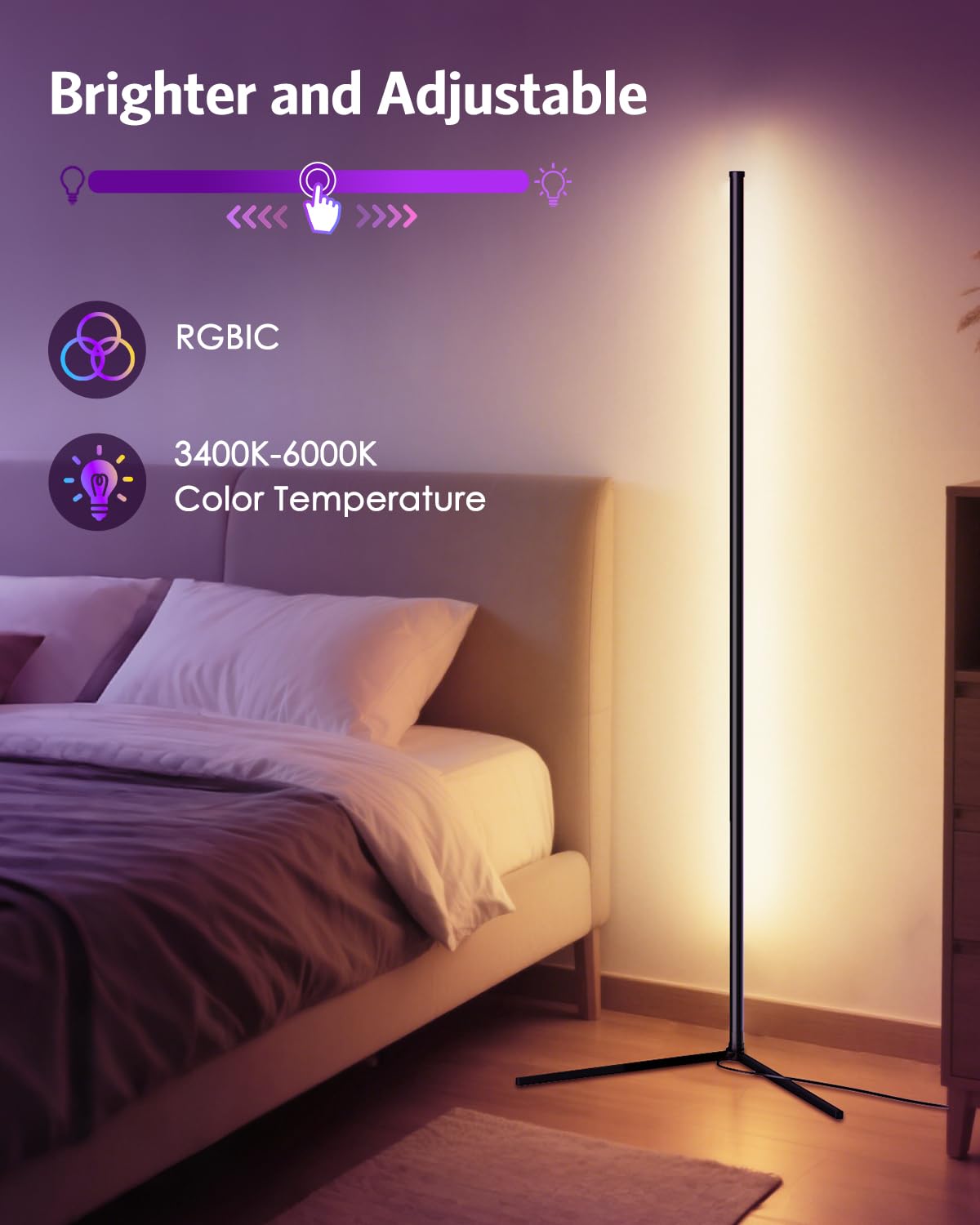 Temracha Upgraded Floor Lamp, 64.5in  RGB LED, App & Remote Control, 16 Million Colors, Black, Model PL101-TM-US